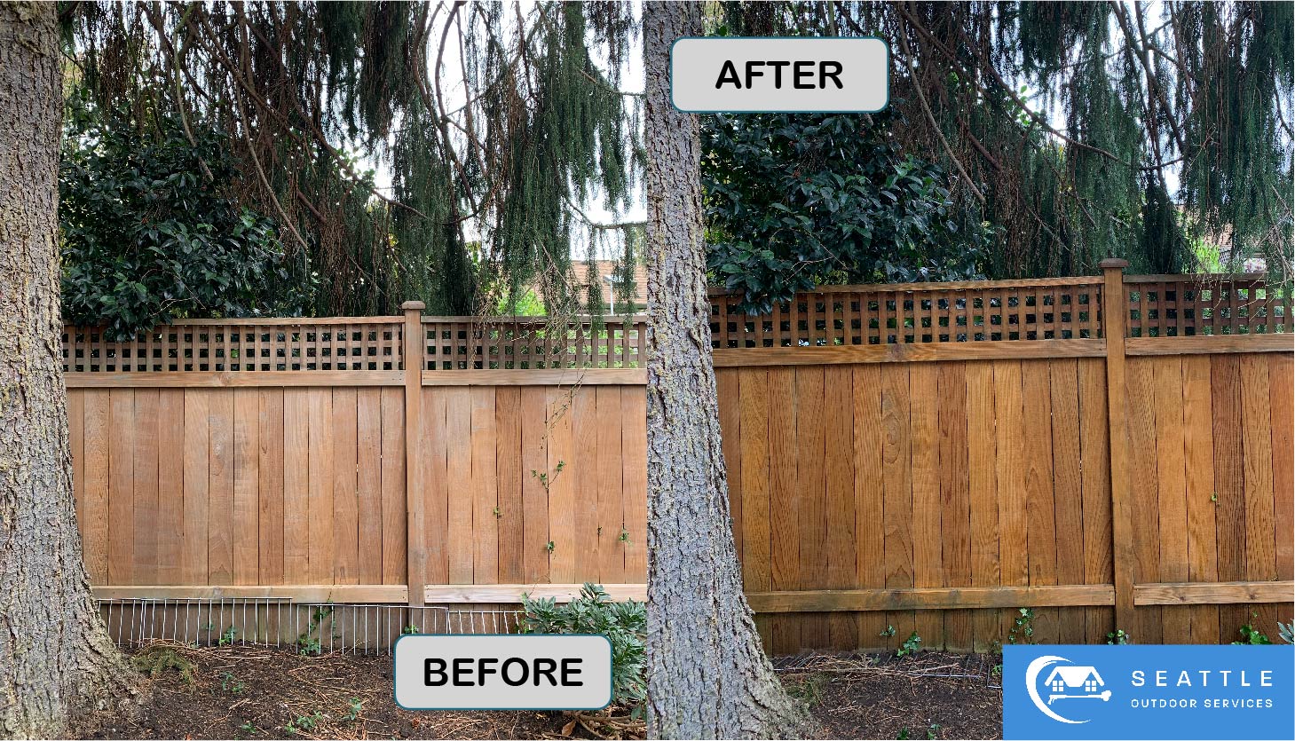 Before and after image of a fence being treated with waterproof stain.